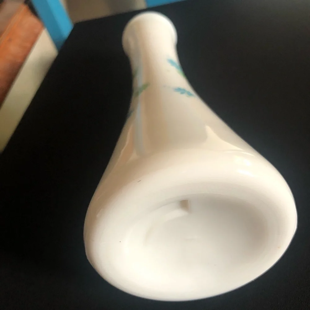Vintage White MilkGlass Bud Vase w Blue Flowers